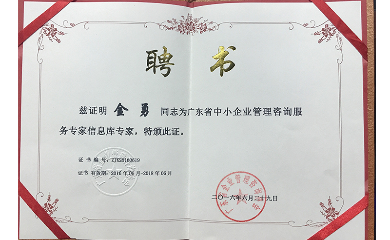 热烈祝贺星欧注册金勇老师荣获广东省中小企业管理咨询服务专家